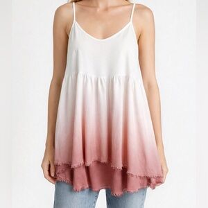 Ombre Mini Dress coral pink white high low fringe hem sleeveless size M